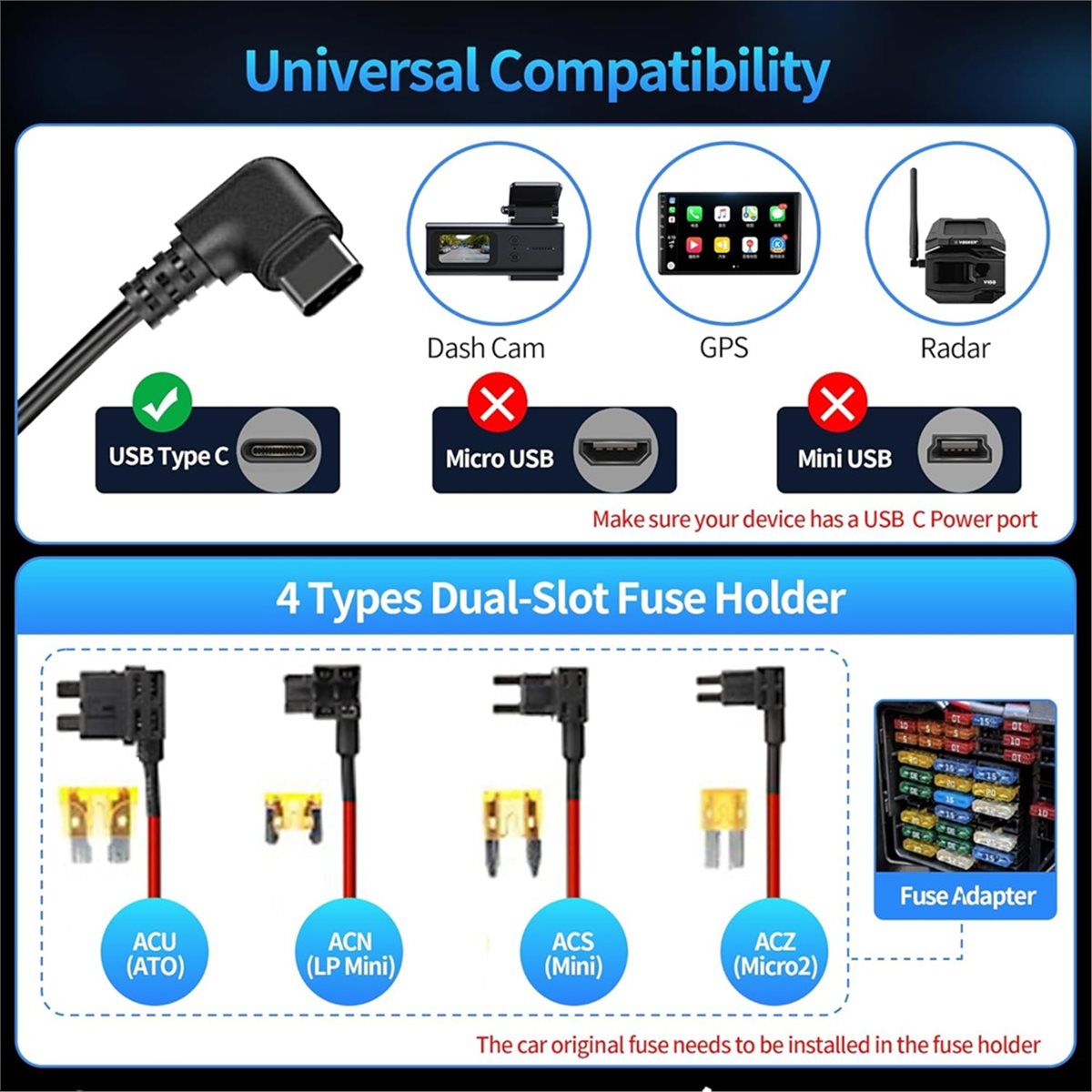 Dash Cam Hardwire Kit - Kit de Cableado Universal SWXF USB-C