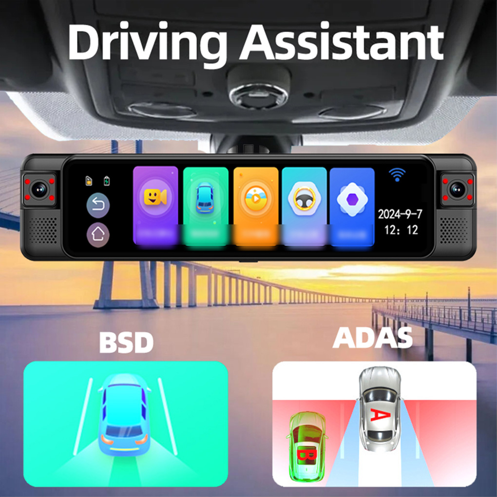 Dash Cam Rear View Mirror 12 Inch - DVR para coche táctil de 12