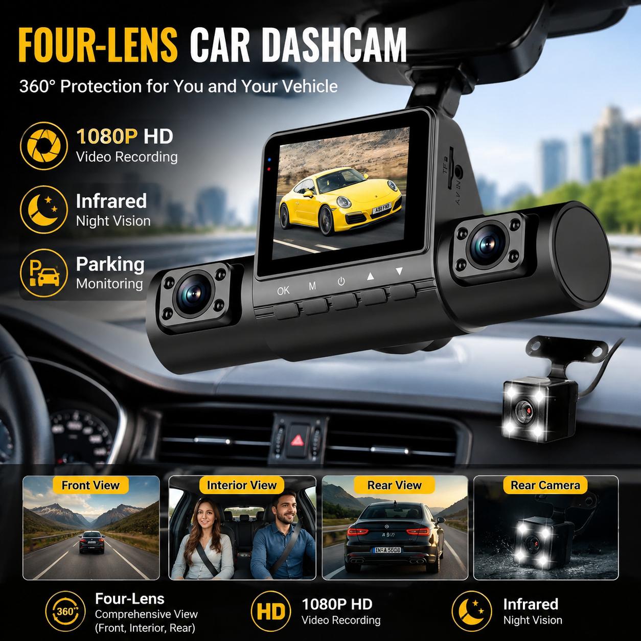 Dash Cam 360 Degree Panoramic - Cámara para Coche con 4 Lentes,
