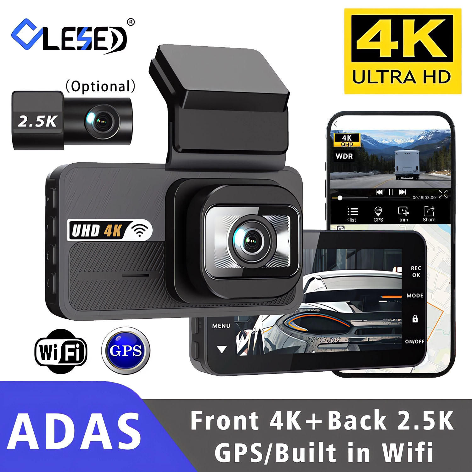 Dual Dash Cam With Gps Wifi - Cámara de salpicadero 4K + 2,5