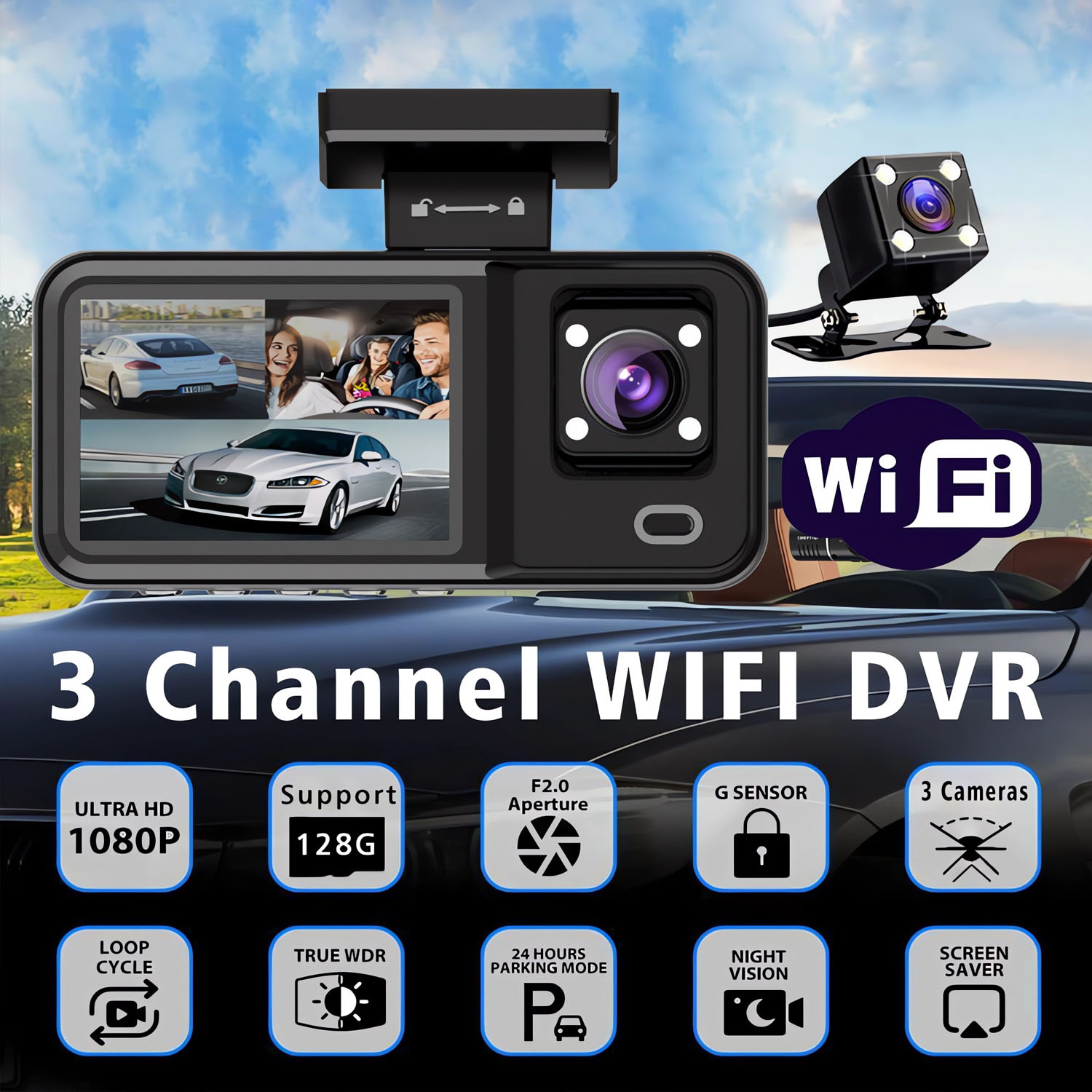 Cámara para Auto WIFI de 3 Can - Dash Cam 3 Channel 1080P reseña y precio