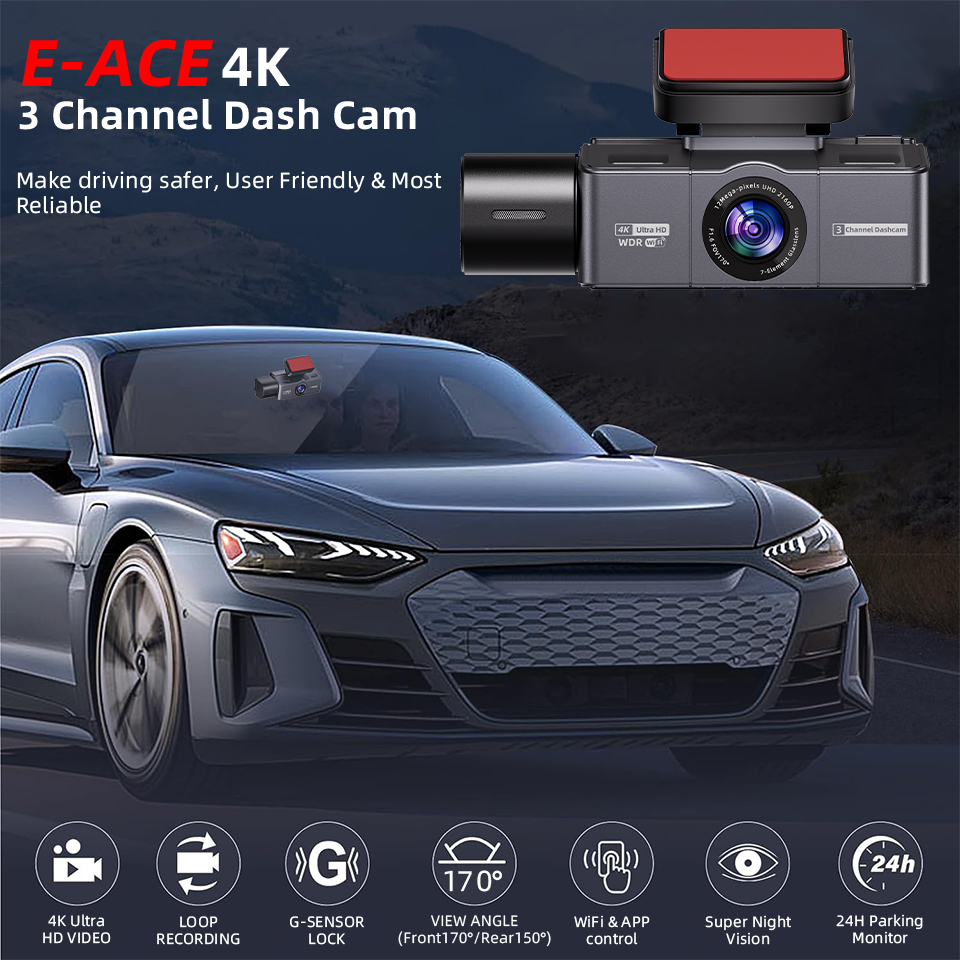 E-ACE Dashcam 4K de 3 canales, - Dash Cam Night Vision Infrared reseña y precio